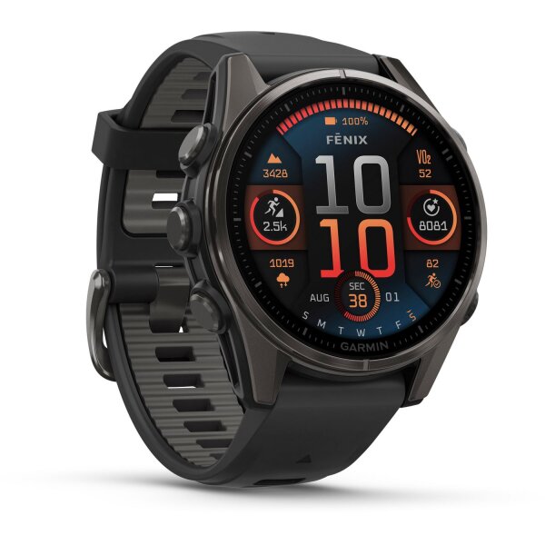 Garmin Fenix 8 – 43 mm, AMOLED, Sapphire, Schwarz/Titan Carbongrau DLC mit QuickFit®-Silikon-Armband 20 mm